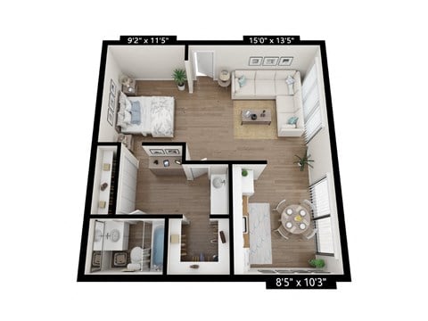 Floor plan for 1 bed, 1 bath, 638 sqft